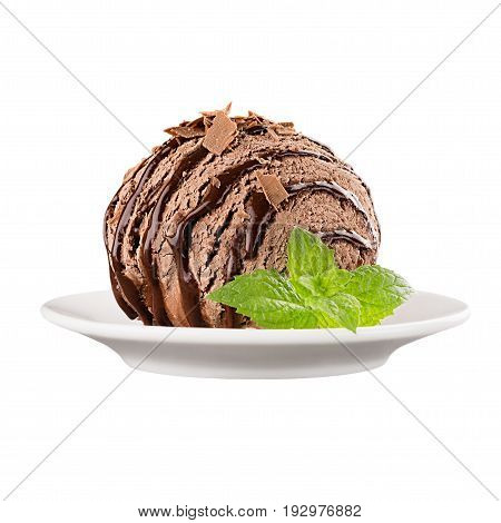 Ice cream brown scoop decorated mint leaves and chocolate sauce on plate isolated on white background.
