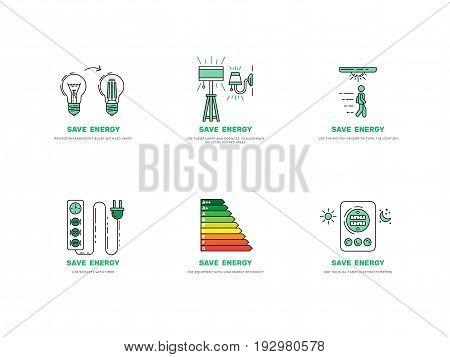 Vector posters save energy during everyday use of the home. Set of banners concept-saving energy consumption.