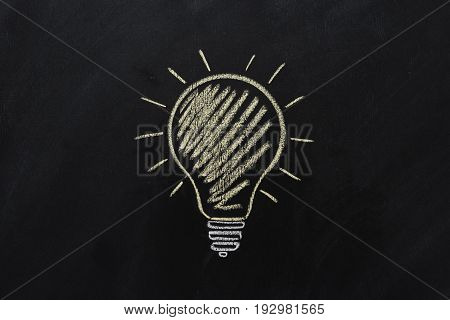 close up of yellow electric bulb drawn on black chalkboard
