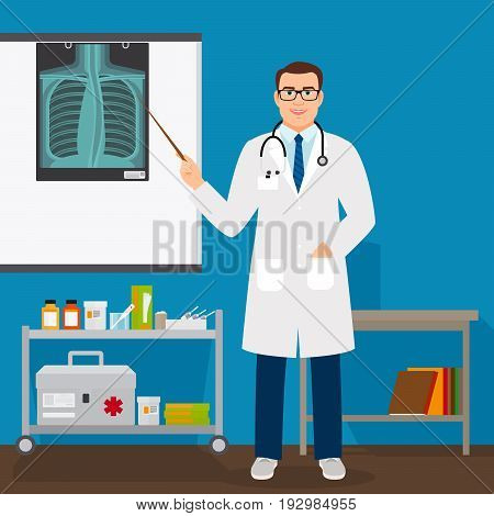 Medical professor checking lungs x-ray film vector illustration