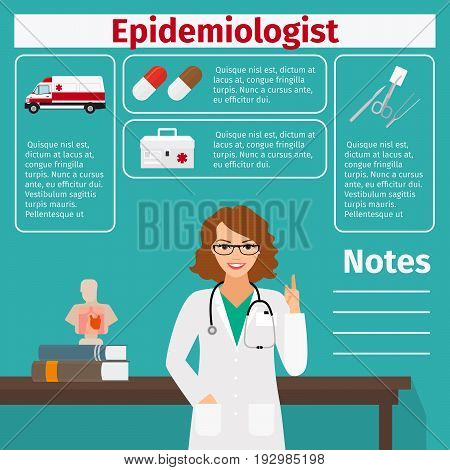 Epidemiologist and medical equipment icons with infographics elements for medical and pharmaceutical industry. Vector illustration
