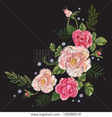 Embroidery traditional botanical pattern with pink roses and forget me not. Vector floral design with flowers for fashion wearing.