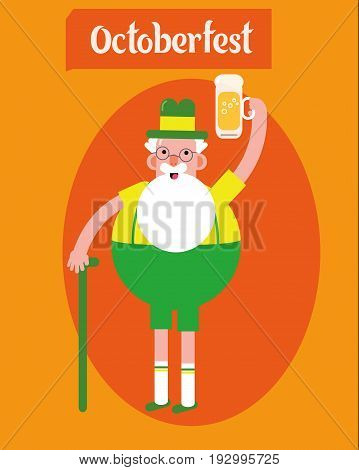 Oktoberfest character grandpa.Grandfather with a glass of beer, folk costumes.