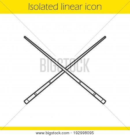 Crossed billiard cues linear icon. Thin line illustration. Contour symbol. Vector isolated outline drawing