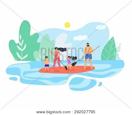 Vector Flat Illustration Family Vacation On Lake. Mom And Dad With Children On Canoe Floating On Wat