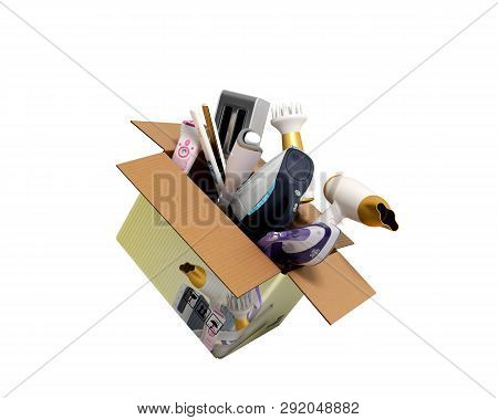 Concept Of Product Categories Small Household Appliances In The Box 3d Render On White Background No