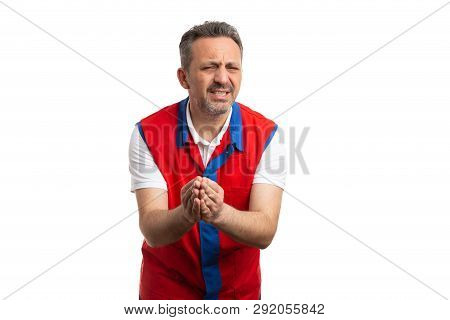 Hypermarket Or Supermarket Employee Man With Hands Together As Making Imploring Gesture Isolated On 