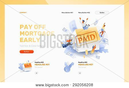 Pay Off Mortgage Early Vector Banner Header With Multicultural Family Around 3d White House And Paid