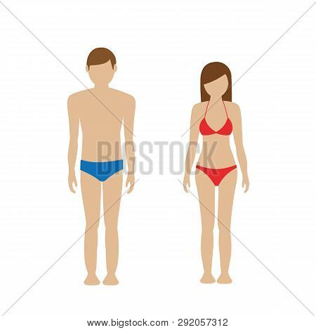 Man And Woman Character In Bathing Suit Bikini And Swimming Trunks Isolated On White Background Vect