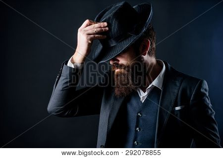 Englishman Club. Detective In Hat. Mature Hipster With Beard. Brutal Caucasian Hipster Has Moustache