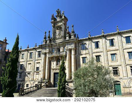 Monastery Of San Martin Pinario, Facade With Blue Sky. Santiago De Compostela, Spain.