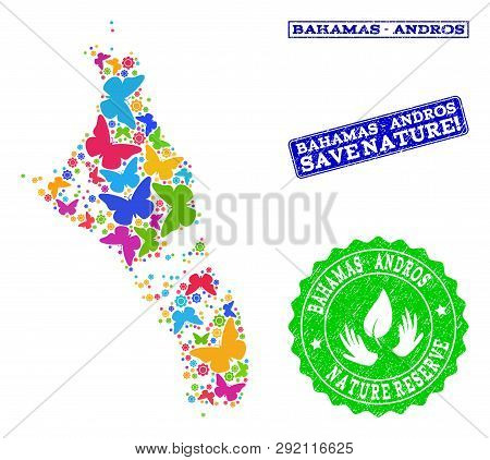 Eco Friendly Composition Of Bright Mosaic Map Of Bahamas - Andros Island And Textured Seal Stamps Wi