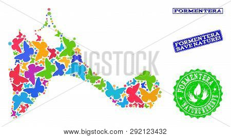 Eco Friendly Collage Of Bright Mosaic Map Of Formentera Island And Rubber Seals With Save Nature Cap