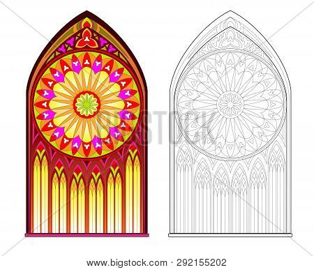 Colorful And Black And White Pattern Of Gothic Stained Glass Window With Beautiful Rose. Printable W