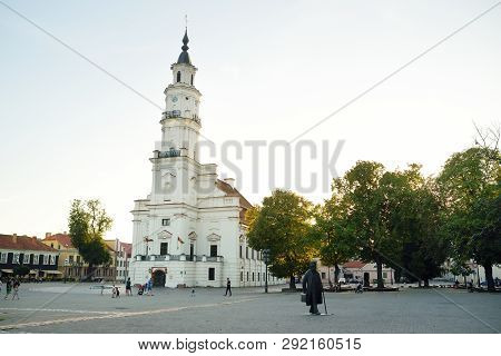 Kaunas, Lithuania - August 3, 2018: Town Hall Square At The Heart Of The Old Town, Kaunas, Lithuania