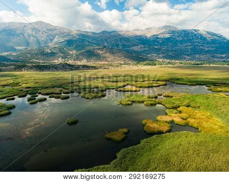 Aerial View Of Stymphalia Lake, Located In The North-eastern Part Of The Peloponnese, In Corinthia,