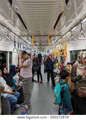 Jakarta, Indonesia - March 23, 2019: Passengers On The Train Of Mrt Jakarta At Lebak Bulus Mrt Stati