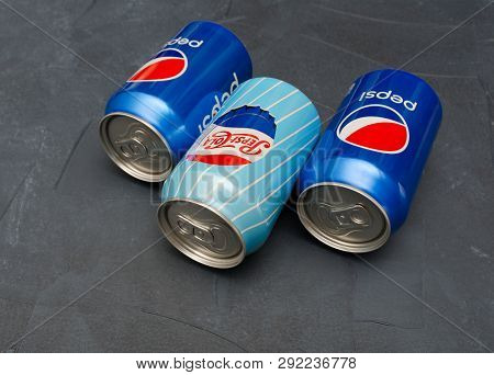 Saint-petersburg, Russia - March 24, 2019. Three Cans 330 Ml Of Pepsi-cola. Pepsi - Cola Is A Soft T