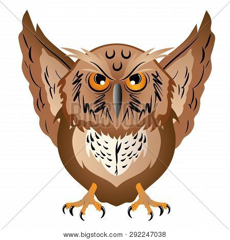 Wise Owl With The Big Head, A Sharp Beak And Predatory Claws. Vector Illustration.