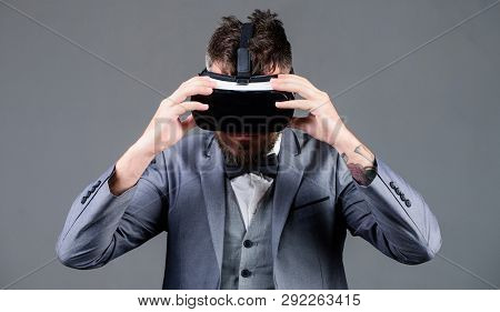Modern Gadget. Innovation And Technological Advances. Businessman Explore Virtual Reality. Digital T