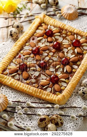Mazurek Pastry, Traditional Polish Easter Cake Made Of Shortcrust Pastry,  Fudge Caramel Cream, Cand