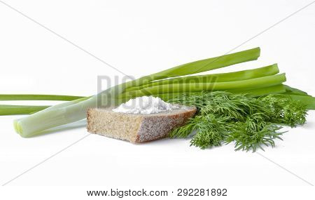 Green Onions, Dill, Rye Bread With Coarse Salt - Still Life.