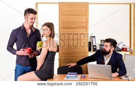 She Distracts Workers. Flirting And Seduction. Flirting With Coworker Coffee Break. Woman Flirting W