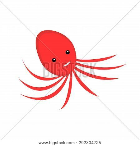 Cute Red Octopus With Black Eyes And Bright White Smile. Cartoon Marine Inhabitant With Eight Legs. 