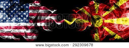 United States Of America Vs Macedonia, Macedonian Smoky Mystic Flags Placed Side By Side. Thick Colo