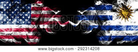 United States Of America Vs Uruguay, Uruguayan Smoky Mystic Flags Placed Side By Side. Thick Colored