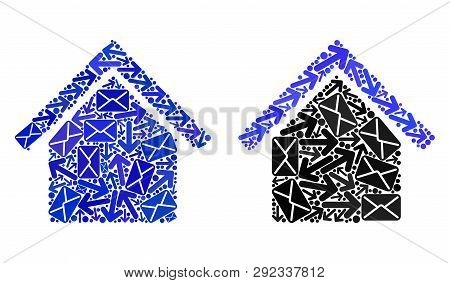 Post House1 Icon Collage Of Envelopes And Arrows With Blue Color. Abstract Vector House1 Illustratio