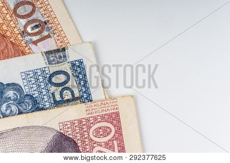 Croatian Kuna Or Sto Kuna Money Currency Closeup. Selective Focus And Crop Fragment
