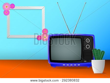 Realistic Minimal Composition, Blue Color Old Vintage Retro Portable Television And Hause Plants Cac