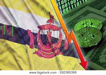 Brunei Darussalam Flag And Cryptocurrency Falling Trend With Two Bitcoins On Dollar Bills And Binary