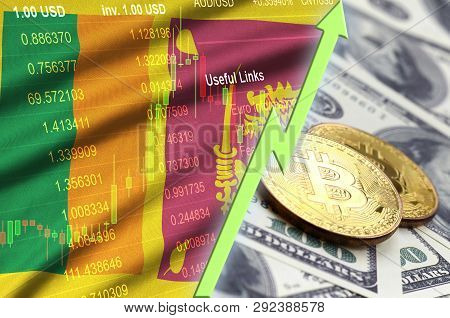 Sri Lanka Flag And Cryptocurrency Growing Trend With Two Bitcoins On Dollar Bills