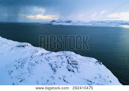 Dark February Morning In The Bay Of Teriberskaya Guba (shooting From A Quadrocopter). Arctic, Russia
