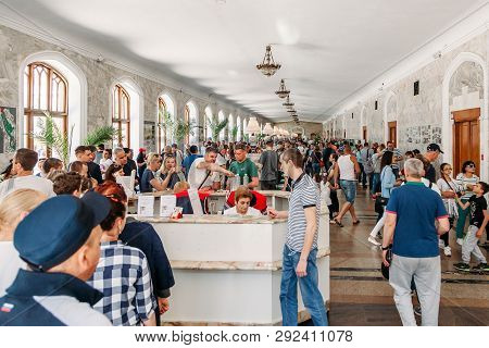 Kislovodsk, Stavropol Territory / Russia - May 1, 2018: Group Of People In Narzan Gallery In Kislovo