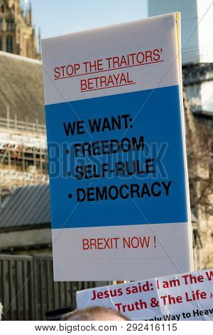 London, United Kingdom, March 29th 2019:- Pro Brexit Marchers Outside The British Parliament On The 