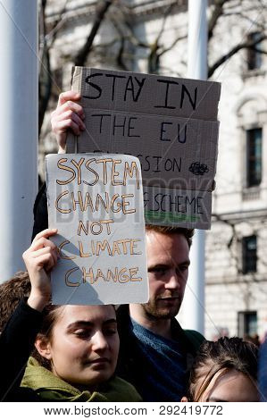 London, United Kingdom, March 29th 2019:- School Aged Protesters Outside The British Parliament Prot
