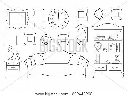 Schematic Interior Of The Living Room. Linear Illustration Made By Stroke. Sketch Of The Drawing Roo