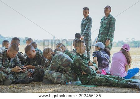 Lopburi Thailand, March 24, 2019 : Thai Cadets Relax After Completing The Parachute Training At Ban