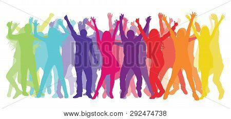 Silhouette Of Dancing And Cheerful People. Colorful Crowd. Vector Illustration