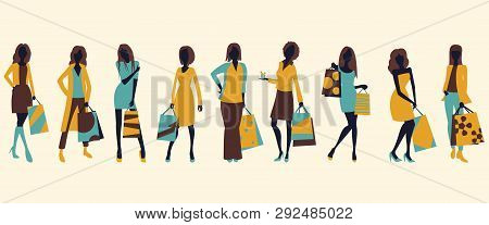 A Set Of Different Girls Standing In Different Poses With Shopping