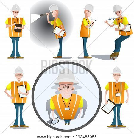 Housing Inspector In Different Positions, In Orange Uniform, Set