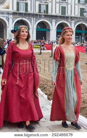 Italy, Brescia - October 01 2017: The View Of The People In Medieval Costumes At Traditional Parade,