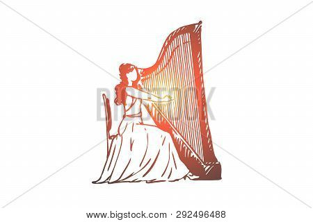 Harp, Musician, Woman, Performance, Instrument Concept. Hand Drawn Woman Playing On Harp Concept Ske