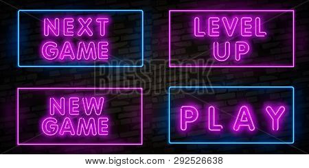 Realistic Isolated Neon Sign Of New Game, Level Up And Game Over, Battle Logo For Template Decoratio