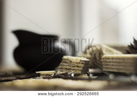 Sweet Russian Artek Waffles On Wooden Background, With A Pot Of Milk. Traditional Sweets And Dessert