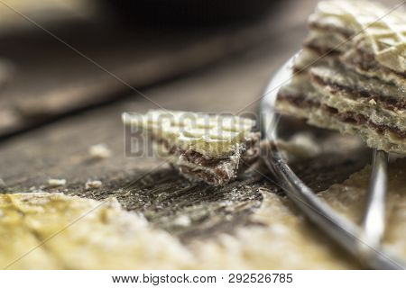 Sweet Russian Artek Waffles On Wooden Background, With A Pot Of Milk, Macro. Traditional Sweets And