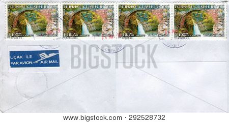 GOMEL, BELARUS - MARCH 25, 2019: Old envelope which was dispatched from Turkey to Gomel, Belarus, March 25, 2019.